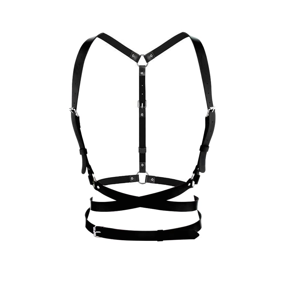 TOFBS Punk Waist Harness Belt Leather Body Chest Chain Black Goth Vest Belt Adjustable Body Jewelry for Women Girls Cosplay Party Rave Halloween Costume (#2)