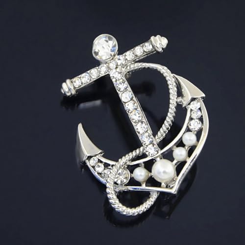 Image of Personality Pearl Crystal Anchor Fashion Brooch Pin Women's Clothing Accessories Jewelry Crystal Boat Anchor Brooch Rudder Brooch Pin