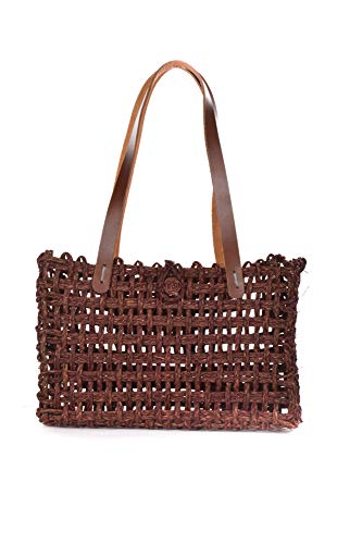 Image of KADAM HAAT Handmade Sabai Grass Lunch Bag | Dry Grass Bag for Lunch and Bottle | Tiffin Box Bag for School or Office with Leather Handle (Brown)