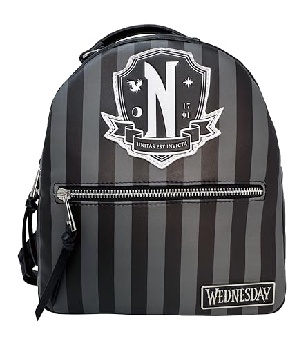 Mad Engine Officially Licensed TV series Wednesday Signature Logo with Black and Gray Striped Mini Backpack, Kawaii Cosplay Youth and Adult Bag, Adjustable shoulder