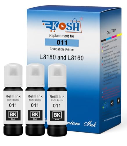 Image of KOSH 011 & 012 Refill Ink Bottle Compatible for Epson L8180 and L8160 Printers (3, Black Pack of 3)