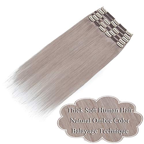 Image of Benehair 18inch 140g Clip in Hair Extensions Real Human Hair Highlighted Grey Thick Double Weft for Women Remy Hair Seamless 18 Clip ins 8pcs Long Straight Hairpieces for Full Head
