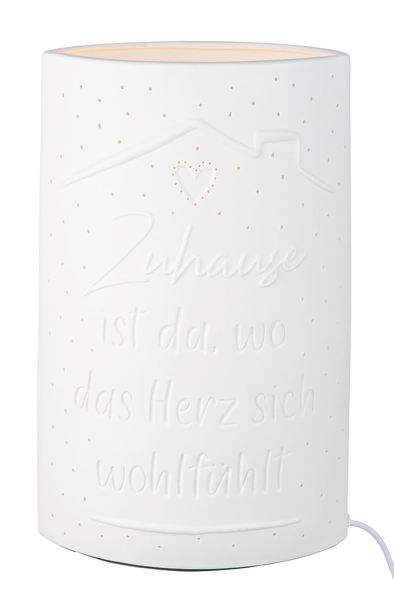 GILDE Tischleuchte Zuhause Herz Porzellan weiß mit Spruch Höhe 28,5 cm Lampe Beleuchtung Dekoration Wohnaccessoire
