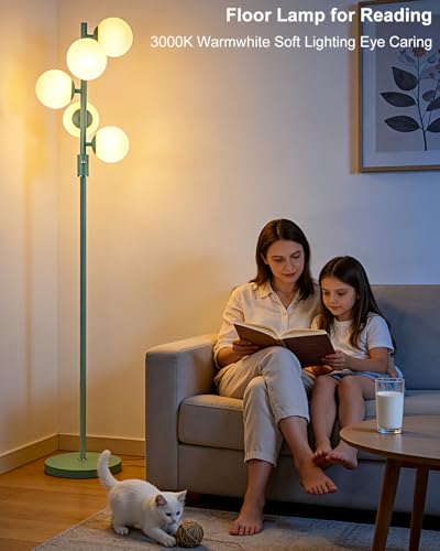 Image of Lightdot Dimmable Globe Floor Lamp Mid Century Modern Floor Lamp with 5Pcs 3000K G9 Bulbs Stepless Brightness Adjustable Green Standing Lamps with 5Lbs Heavy Base for Living Room Bedroom Office