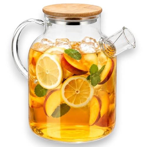 KORAT - Brocca in Vetro Borosilicato 1,8 LT con Coperchio in Bambù e Filtro Integrato, Caraffa per Acqua, Tè Freddo, Infusi e Bevande Calde/Fredde, Design Elegante - 20x13x18 Cm