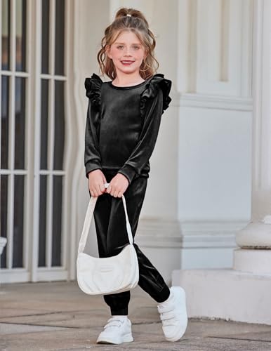 Image of Arshiner Girls 2 Piece Outfits Velour Tracksuit Ruffle Sweatshirt Sweatpant | Cute Clothes, Sweatsuit, Long Sleeve Pullover, Fall Winter Clothing Sets, for 3-10 Years
