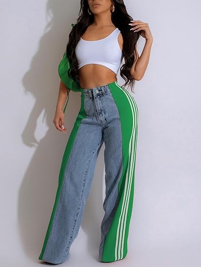 Women's High Waisted Two Tone Jeans Block Floor Length Wide Leg Denim Pants Patchwork Stripes Jeans Trousers3