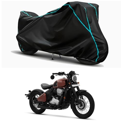 Image of Waterproof Bike Body Cover Compatible for | Jawa 42 | Taffeta Fabric, Sky Piping Design, Bottom Elastic Fit | Dustproof, Sun UV & Rain Protection for All Weather.