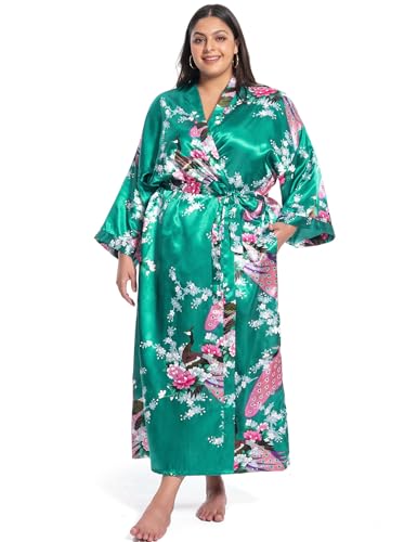 Image of Women's Floral Long Satin Robes Plus Size Long Silk Robes Peacock Floral Kimonos Sleepwear Dressing Gown