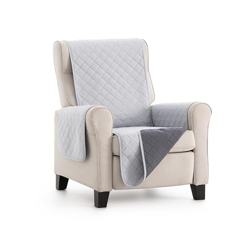 fundabel® - Funda Cubre Sillón Due Acolchada Reversible, 1 Plaza (55 cm), Color Gris Claro/Gris, Protector de Sillón Relax y Orejero, Tacto Suave y Resistente, Ideal para Mascotas, Fabricada en España