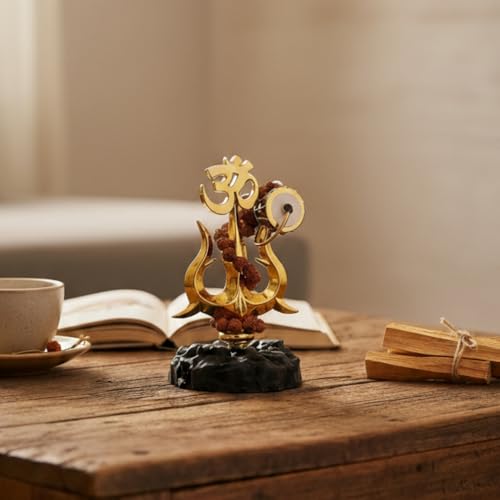 Image of Divine Hindu Trishul Damroo Idol with Original Rudraksha | Small Murti for Car Dashboard, Home Decor, Office Table, Pooja | Spiritual Gift Item | 10.8cm