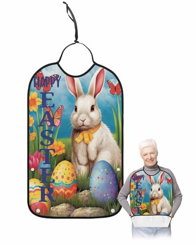 LEOKOTI Watercolor Easter Adult Bibs for Eating, Waterproof Bibs with Food Catcher & Adjustable Snap Closure, Spring Floral Botanical Bunny Eggs Washable Clothing Protectors Adult Bibs for Elderly
