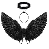 Black Angel Costume Wings and Halo Angel Costume for Girls Kids Adult Halloween Christmas (Black)