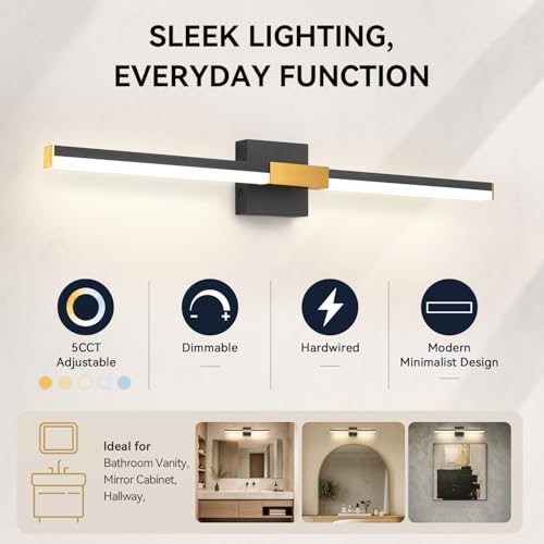 Image of SOLFART Bathroom Vanity Lights 32-Inch: Black and Gold Dimmable 5 Color Temperature 360 Degree Rotation Bathroom Lights Over Mirror ETL IP44