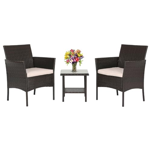 FDW Patio Bistro Conversation Set Wicker Furniture 2 Rattan Chairs Cushions and Glass Coffee Table for Porch Lawn Garden Balcony Backyard, 3 Pieces, Brown and Khaki