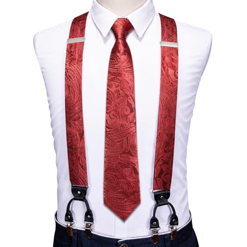 Image of Barry.Wang Men Suspender Set with Necktie Elastic Y Type Heavy Duty 6 Clips Braces Tie Handkerchief Cufflink Pin 6PCS