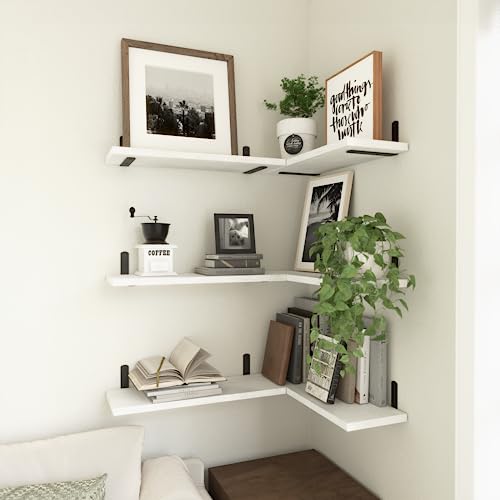 Image of WOPITUES Floating Shelves Set of 6 for Wall Decor & Storage, White | Wood Farmhouse Book Shelves for Bedroom, Bathroom, Living Room, Kitchen, Office, Laundry Room, Study Room Display, 16.5''