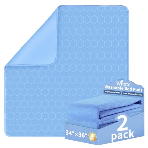 Wnote® [2 Pack] 34'x36' Reusable Underpads - 500+ Washes Leakproof Incontinence Bed Pads - Blue Heavy Absorbency Bedwetting Mattress Protector Pee Pads for Kids & Adults