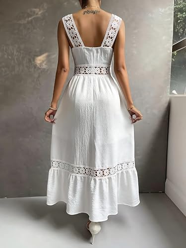Image of White Crepe & Lace Crochet Midi Dress