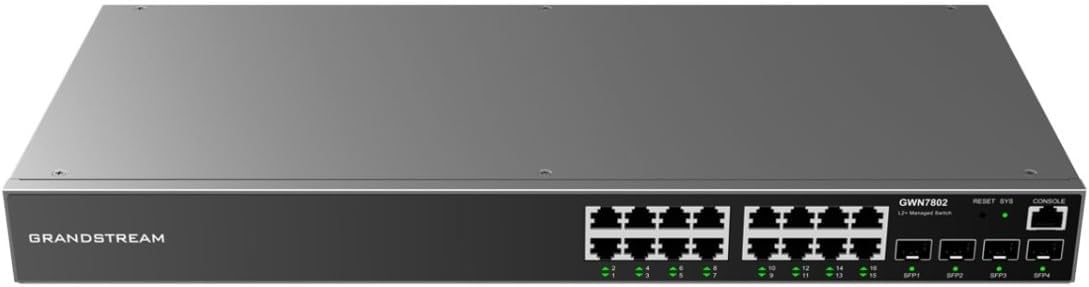 Front view of Grandstream GWN7802 switch with 16 Ethernet ports and 4 SFP ports