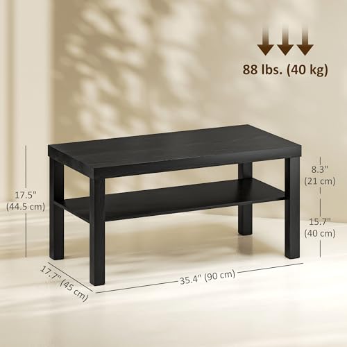 HOMCOM Coffee Table with Storage Shelf, Rectangular 2 Tier Center Table for Living Room, Home Office, 35.5 x 17.75 x 17.5 Inch, Black - Image 4