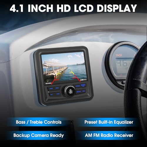 Image of Bluetooth Marine Stereo Radio Receiver: Boat Digital Multimedia MP5 Player | 4.1 Inch LCD Display AM FM USB AUX Subwoofer 200W High Output for Golf Cart ATV UTV Yacht