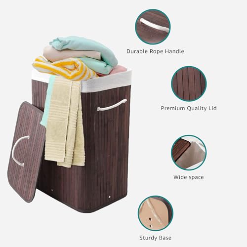 Image of LUXE HOME INTERNATIONAL Stripe Bamboo Laundry Basket with Lid | Eco-Friendly, Foldable & Lightweight Organizer (Brown, 40x30x60 cm, Pack of 1)