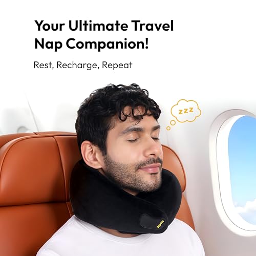Image of Travel Neck Pillow | Premium Memory Foam Travel Pillow for Flights & Car Sleeping | Adjustable Head Rest, Neck Pillow for Flight Travel, Travel Pillow | Black, Pack of 1