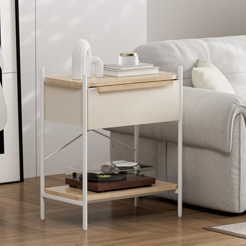 IKIFLY 低め ナイトテーブル ベッドサイドテーブル チェスト タンス 収納 収納棚付き 布製 ソファー サイドテーブル リビング 寝室 コンパクト 軽量 一人暮らし おしゃれ 北欧風 ベッド横 幅57.5×長さ35×高さ71.2cm (ベージュ)