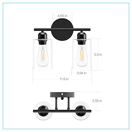 Espird 2 Light Bathroom Vanity Light Fixtures Black,Rustic Farmhouse Bath Vanity Light Over Mirror Sink Modern Industrial Wall Lamp Hallway lamp with Clear Cylinder Glass Shade - Thumbnail 6