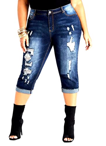 Jack David/CYCLON Women's Plus Size Stretch MID Rise Blue/Black Denim Jeans Capri (Jack David Pc-7722 Dark Blue., 24)