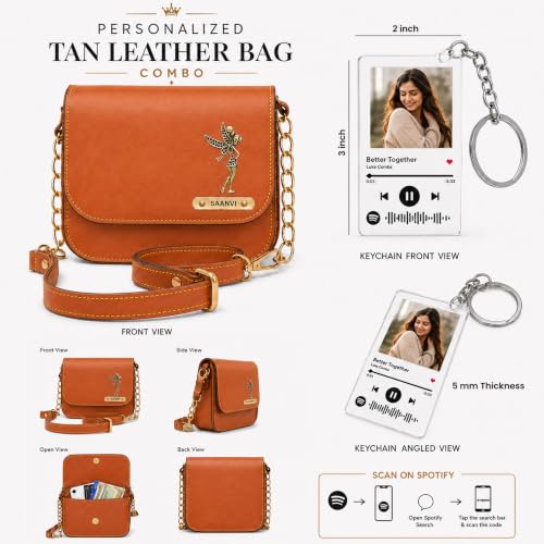 Image of SAVRI Personalized Rakhi Gift for Sister | Customized Leather Sling Bag with Name & Charm and Spotify Photo Keychain with Favourite Song, Personalised Gift Combo for Sister, Behan, Didi- Bro Sis Gift