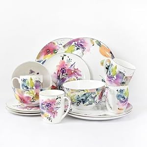 KOKEN – 16-Piece Dinnerware Set (Service for 4) fine bone china with design, Water Flower collection, Pink &, Ideal for special occasions or every day