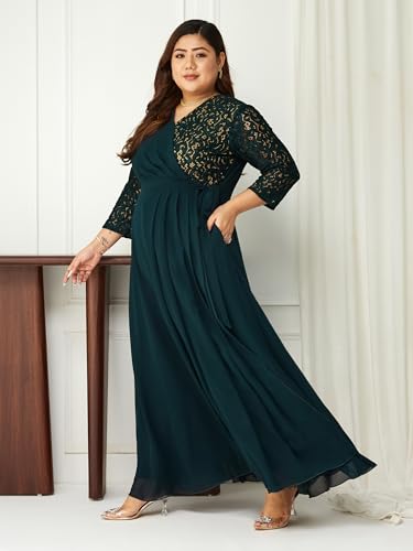 Image of Miss Chase A+ Women's Floral Printed Relaxed Fit V -Neck 3 /4Th Sleeve Georgette Maxi Dress