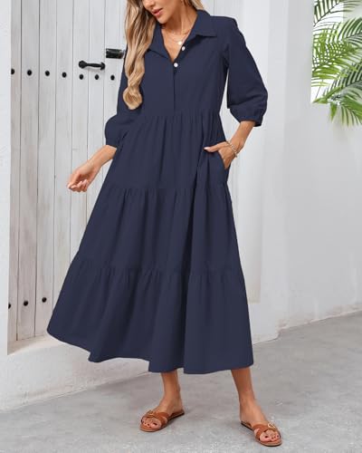 Women Button Down Maxi Shirt Dress Long Sleeve Flowy Tiered Collared Dresses with Pockets4