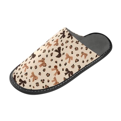 Slippers for Women Brown Leopard Print Bow Pattern Soft Winter Warm Shoes Indoor Outdoor Non-Slip House Travel Slippers2