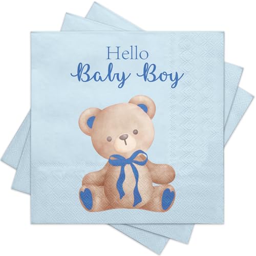 RUSPEPA 50 Pcs Bear Napkin Paper, 3 Ply Disposable Blue with 