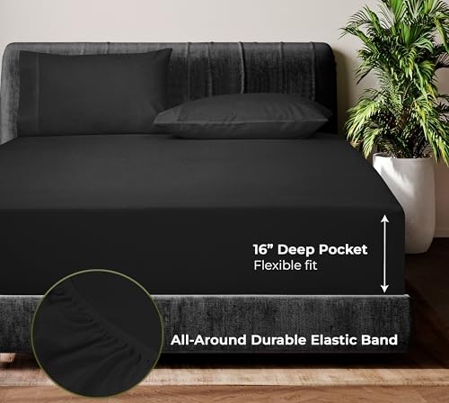 Image of Royale Linen Bamboo Viscose Queen Sheet Set - Cooling Bed Sheet Set - 1 Fitted, 1 Flat & 2 Pillowcase - Fits Up to 16 inch - Organic Viscose Derived from Bamboo - Bedding Sheet & Pillowcase (Queen, Black)