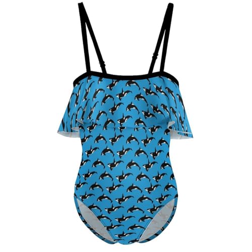 Blue Killer Whale Orca Girls One-Piece Swimsuits Beach Bathing Suits Adjustable Swimwear for 6-12 Years