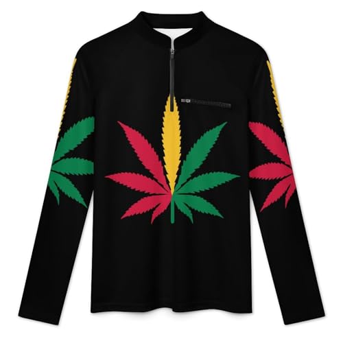 Marijuana Hemp Leaf Jamaica Flag Men's Rash Guard Long Sleeves Quick Dry Fishing Workout Shirts with Zipper3