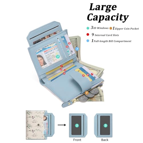 Image of GAEKEAO Small Wallets Woman RFID Blocking Vegan Leather Bifold Floral Ladies Compact Card Holder with Zipper Pocket ID Window