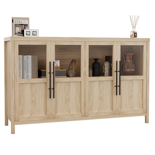 Garvee GarveeLife Sideboard Buffet Cabinet with 4 Glass Doors, 55 Inch Coffee Bar Wine Display Cabinet, Modern Storage Console for Kitchen Dining Room Living Room, Natural