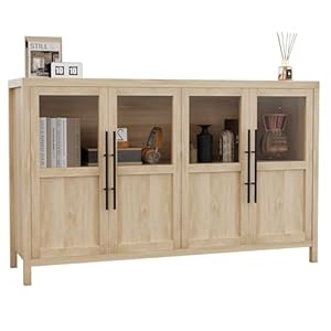 Sideboard Buffet Cabinet with 4 Glass Doors, 55″ Large Buffet Cabinet with Storage, Modern Farmhouse Storage Cabinet Table for Kitchen Dining Room, Living Room(Glass with 4 Door, Pear Wood)