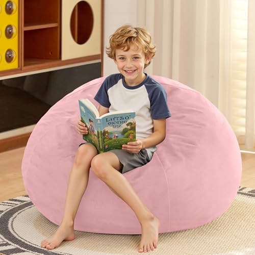 Image of HABUTWAY 2FT Bean Bag Chair, 2' Beanbags Small Bean Bag Chairs with Filling, Teardrop Bean Bag Chair Luxurious Velvet Ultra Soft Fur with Removable Cover (Pink)