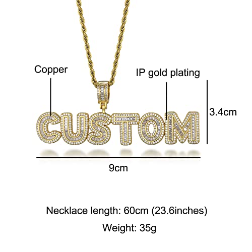 Hdmenc Custom Letter Pendant Small Baguette Name Necklace Men And Women Cubic Zirconia Charm Pendant With Rope Chain Gold Hip Hop Jewelry (2 Letter, Gold) #TOP4