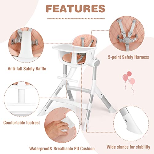 Image of INFANS Baby High Chair, Modern Convertible Design Highchair with Aluminum Construction, 5 Different Heights, Removable Tray, Detachable PU Leather Cushion, Dinning Seat for Infant and Toddlers Pink