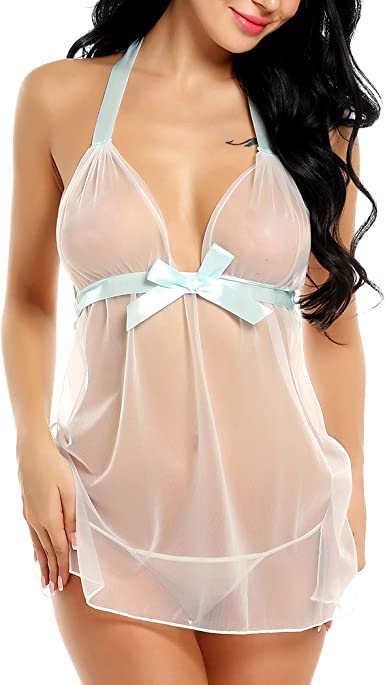 Women's Satin Transparent Babydoll Lingerie with Lacy Cups & Stylised Back Floral Above Knee Honeymoon Night Dress