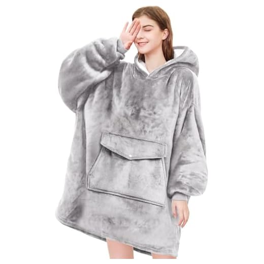 YUGYVOB Cobertor com capuz sherpa grande, cobertor vestível quente e aconchegante, moletom com bolso, presentes para mulheres, homens, Cinza claro, Small