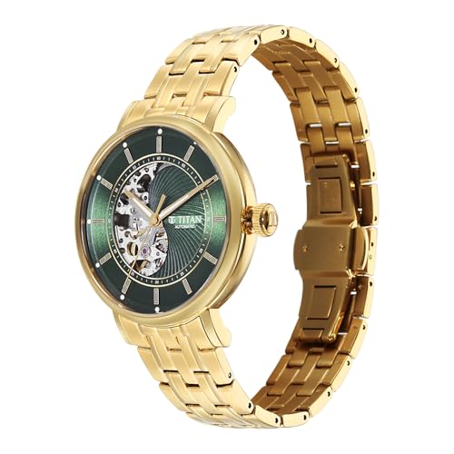 Image of Titan Yin Yang Skeletal Automatic Analog with Green Dial Silver Gold Steel Strap Watch for Men - 90222YM01
