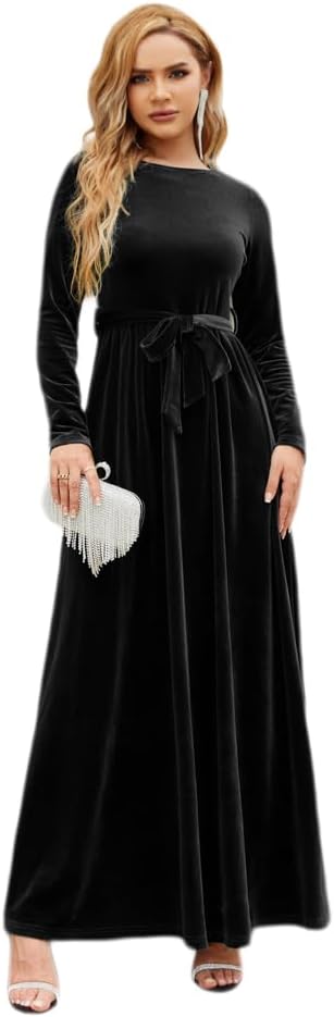 OBEEII Fall Dress for Women Long Sleeve Velvet Maxi Dress with Belt Wedding Guest Casual Holiday Party Dresses